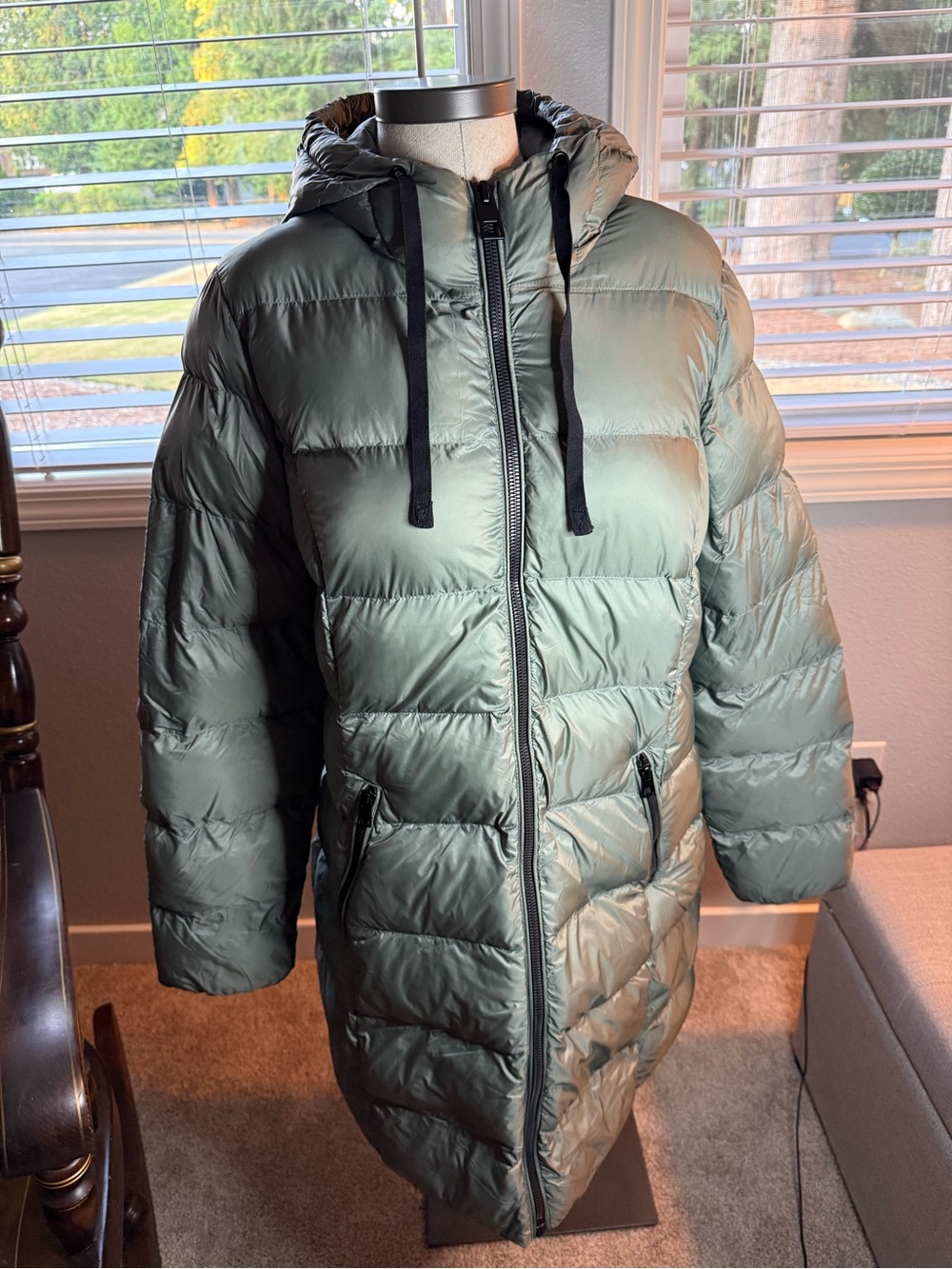 32 Degrees Olive Green Long Hooded Puffer Coat